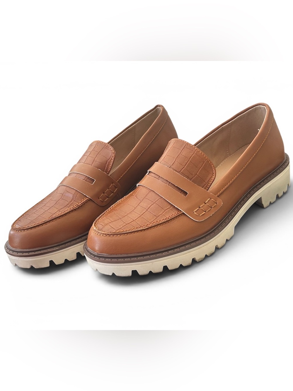 Journee Collection Women's Cognac Croc-Texture Penny Loafers with Lug Sole
